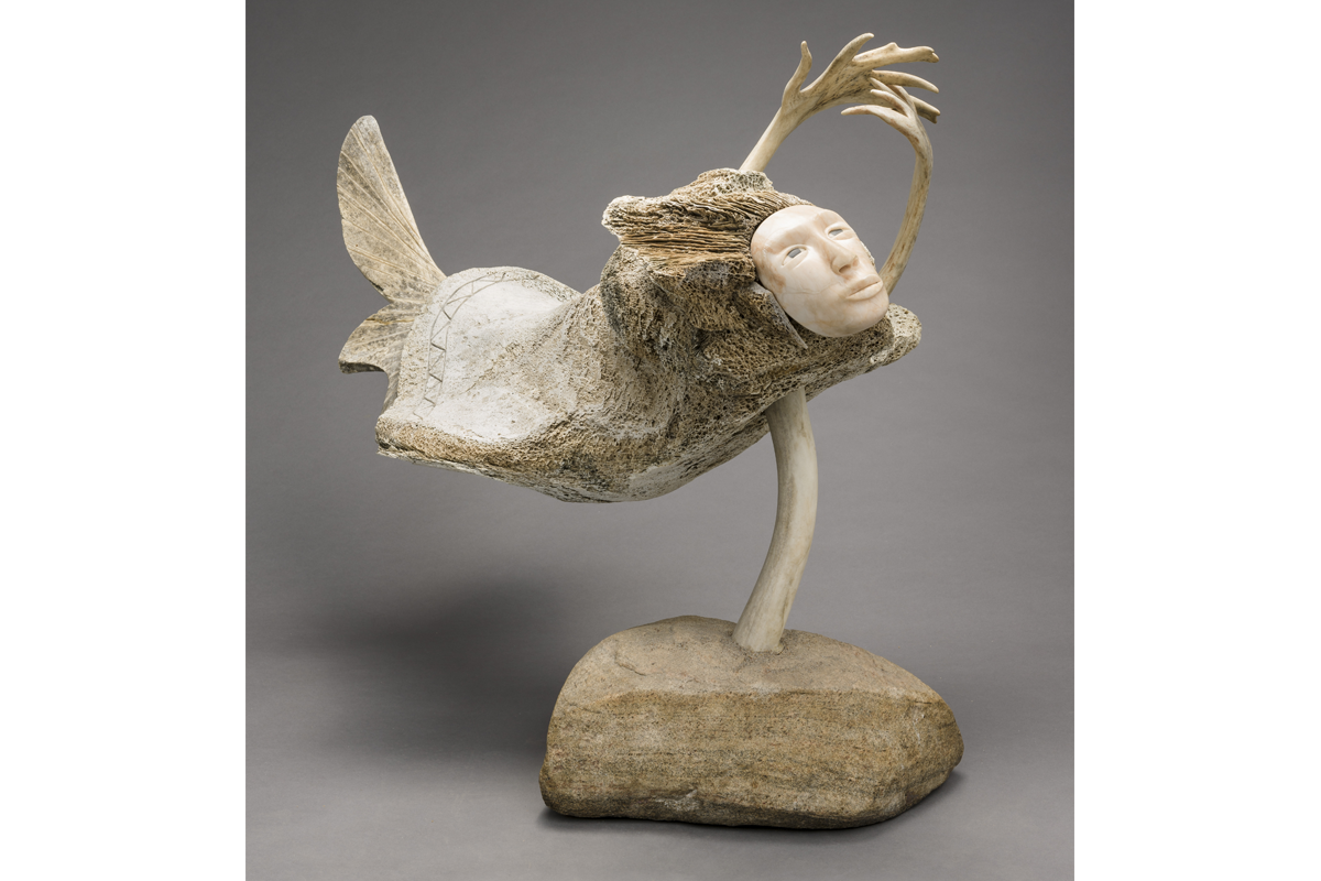 Manasie Akpaliapik, <em>Talilayuq, Goddess of the Sea</em>, 2000. Whalebone, caribou antler, fieldstone, alabaster, white stone and black African wonderstone, 72,7 x 89,9 x 53,5 cm. MNBAQ, gift of Renée Bédard and Alain Chanlat (2017.423). © Manasie Akpaliapik Photo: MNBAQ, Idra Labrie