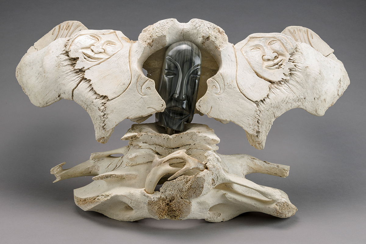 Manasie Akpaliapik, <em>A Shaman in His Community, in Connection with the Universe</em>, about 2000. Whalebone, caribou antler, baleen, white stone and black African wonderstone, 57 x 108 x 50 cm. MNBAQ, promised gift of Lyse Burgoyne-Brousseau (DPD.2016.03). © Manasie Akpaliapik Photo: MNBAQ, Idra Labrie