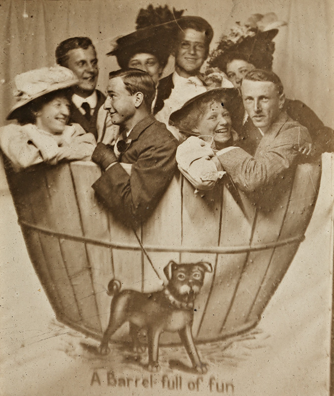 Photographer unknown, <em>“A Barrell Full of Fun”</em>, 1907. Gift of the estate of P. Lindsay Hall, MP-1988.10.1.65, McCord Stewart Museum 